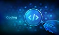Programming code. Coding or Hacker concept with magnifier in wireframe hand and icons. Magnifying glass and programming code