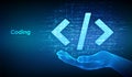 Programming code. Coding or Hacker sign. Programming code icon made with binary code in wireframe hand. Digital binary data and Royalty Free Stock Photo