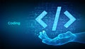 Programming code. Coding or Hacker sign. Programming code icon made with binary code in wireframe hand. Digital binary data and Royalty Free Stock Photo