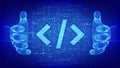 Programming code. Coding or Hacker sign. Programming code icon made with binary code in wireframe hands. Digital binary data and Royalty Free Stock Photo