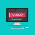 Programming code on computer vector illustration, programme coding or development process on desktop pc concept cartoon