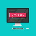 Programming code on computer vector illustration, programme coding or development process on desktop pc concept cartoon Royalty Free Stock Photo