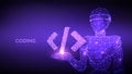 Programming code icon. Abstract 3d robot holding programming code symbol in hand. Coding or Hacker background. Automation software