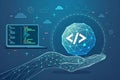 Programming code icon. 3D Low polygonal abstract programming code symbol in hand. Coding or Hacker background. Development and Royalty Free Stock Photo