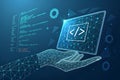 Programming code icon. 3D Low polygonal abstract programming code symbol in hand. Coding or Hacker background. Development and Royalty Free Stock Photo