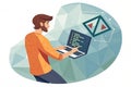 Programming code icon. 3D Low polygonal abstract programming code symbol in hand. Coding or Hacker background. Development and Royalty Free Stock Photo
