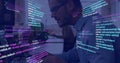 Programming code image over person working on computer in office Royalty Free Stock Photo