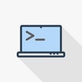 Programming code on laptop, application thin line flat color icon. Linear vector symbol. Colorful long shadow design. Royalty Free Stock Photo