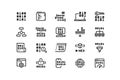 Programming code line icons. Binary hex and machine code compiling and running, software and operating system