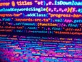 Programming code screen of software development. Programmer working on computer screen. Source code close-up. CSS, JavaScript and Royalty Free Stock Photo