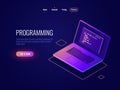 Programming and code writing isometric icon, software development, laptop with text of program code on screen, data