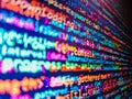 Programming Coding with editor colorful themes. Hacker breaching net security. PHP syntax highlighted. Trendy design. JavaScript Royalty Free Stock Photo
