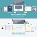 Programming and coding flat computing background. Code, hardware,software. Web development.SEO Search engine