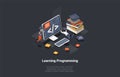 Programming And Coding Learning Concept. Software Coding, Testing, Debugging. Mobile Apps Programming. SEO, Search Royalty Free Stock Photo