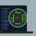 Programming coding line of text in laptop screen. close-up of electronic circuit board with processor hardware.