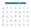 Programming coding linear icons set. Syntax, Algorithms, Debugging, Variables, Loops, Functions, Classes line vector and
