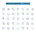 Programming coding linear icons set. Syntax, Algorithms, Debugging, Variables, Loops, Functions, Classes line vector and