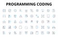 Programming coding linear icons set. Syntax, Algorithms, Debugging, Variables, Loops, Functions, Classes vector symbols