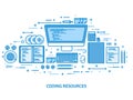 Programming, coding and SEO. Web development. Search engine optimization. Code, hardware and software. Flat blue outline Royalty Free Stock Photo