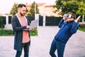 Programming and coding technologies with virtual reality goggles. Coders working on new applications Royalty Free Stock Photo