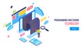 Programming and Coding Technology concept based responsive banner design, web developer fix the problem on desktop with Royalty Free Stock Photo