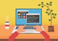 Programming, coding web development concept. Programmer coder hands using laptop. Code on the lapto screen . Flat vector Royalty Free Stock Photo