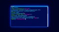 Programming command prompt interface with multilingual code in text editor on dark background Royalty Free Stock Photo