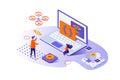 Programming company 3d isometric concept with isometry people design for web. Coders team developing new it project, creating Royalty Free Stock Photo