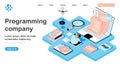 Programming company isometric concept. Programmer writes code, develops and configures programs, creates software, line flat Royalty Free Stock Photo