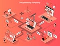 Programming company isometric web banner. Development and creation of software flat isometry concept. Coding and testing Royalty Free Stock Photo