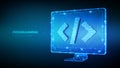 Programming concept. Abstract low polygonal computer monitor with programming code symbol. Coding or Hacker background Royalty Free Stock Photo