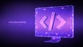 Programming concept. Abstract low polygonal computer monitor with programming code symbol. Coding or Hacker background. Royalty Free Stock Photo