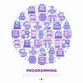 Programming concept in circle with thin line icons: developer, code, algorithm, technical support, program setup, porting, Royalty Free Stock Photo