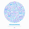 Programming concept in circle with thin line icons: developer, code, algorithm, technical support, program setup, porting, Royalty Free Stock Photo