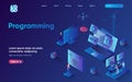 Programming concept 3d isometric web landing page. People develop software and programs, create applications, work with code, Royalty Free Stock Photo