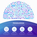 Programming concept in half circle with thin line icons: developer, code, algorithm, technical support, program setup, porting, Royalty Free Stock Photo