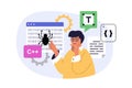 Programming concept in modern flat design for web. Man coding and working at software development, making improvements Royalty Free Stock Photo