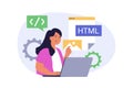 Programming concept in modern flat design for web. Woman working with html computer languages at laptop, creating Royalty Free Stock Photo