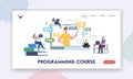 Programming Courses Landing Page Template. Tiny Students Characters at Huge Laptop with Coach Explain Programmer Classes