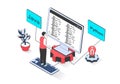 Programming 3d isometric concept with isometry people design for web. Man coding on computer screen and engineering Royalty Free Stock Photo