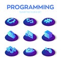 Programming and development icons set. 3D isometric software development icons. Digital industry. Code, server, cloud, gears,