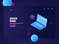 Programming and development software, coding process, open laptop with code line on screen, isometric technology server Royalty Free Stock Photo