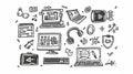 Programming doodle icons. Algorithm flow to design software. Computer monitor with code displayed on screen. Laptop Royalty Free Stock Photo