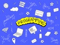 Programming doodle illustration with programmer tools and popular language