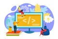 Programming education concept, programmers learn coding on computer vector illustration. People reate code or program of Royalty Free Stock Photo