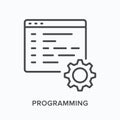 Programming flat line icon. Vector outline illustration of computer code with gear. Software development, coding thin