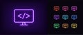 Programming icon in outline neon. Glowing neon computer with code sign, web development pictogram Royalty Free Stock Photo