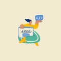 Programming Illustration. Different characters working on web and application development on computers. Funky character software Royalty Free Stock Photo