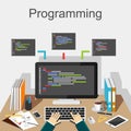 Programming illustration. Programmer working place illustration concept. Flat design illustration concepts for developer