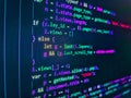 Programming Javascript on laptop computer screen. Web development code: CSS/SASS styles preprocessor script lines. Shallow Depth Royalty Free Stock Photo